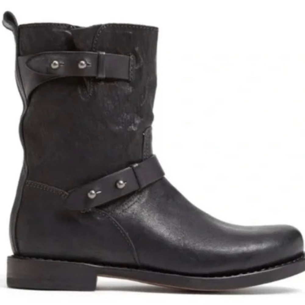 RAG & BONE Leather MOTO BOOTS Black Biker Low Double Buckles Women 38 US 8